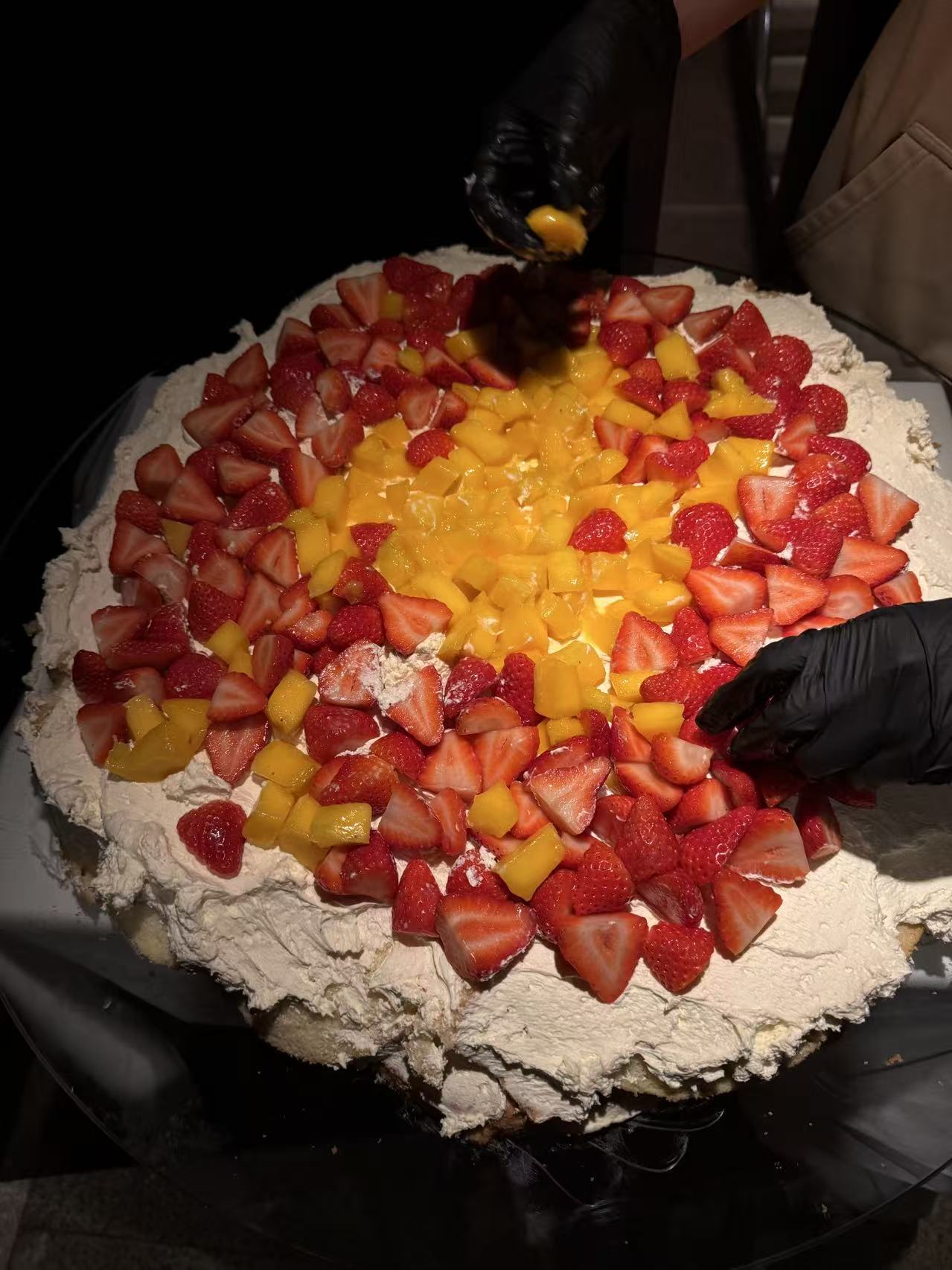 Large-format table cake detail during setup